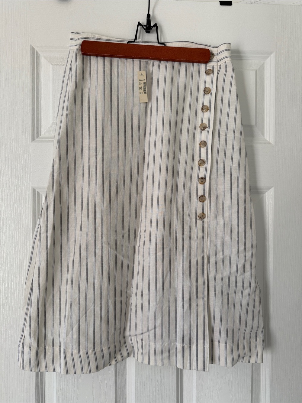 Madewell Striped Button-Front Linen-Blend A-Line Skirt - White/Blue